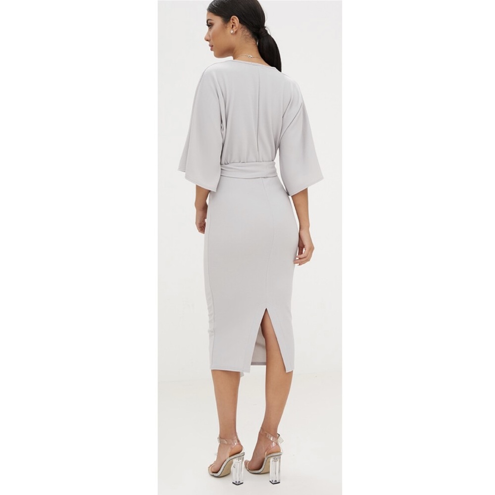 Ice Grey Kimono Sleeve Tie Waist Midi Dress - Picture 3 of 6